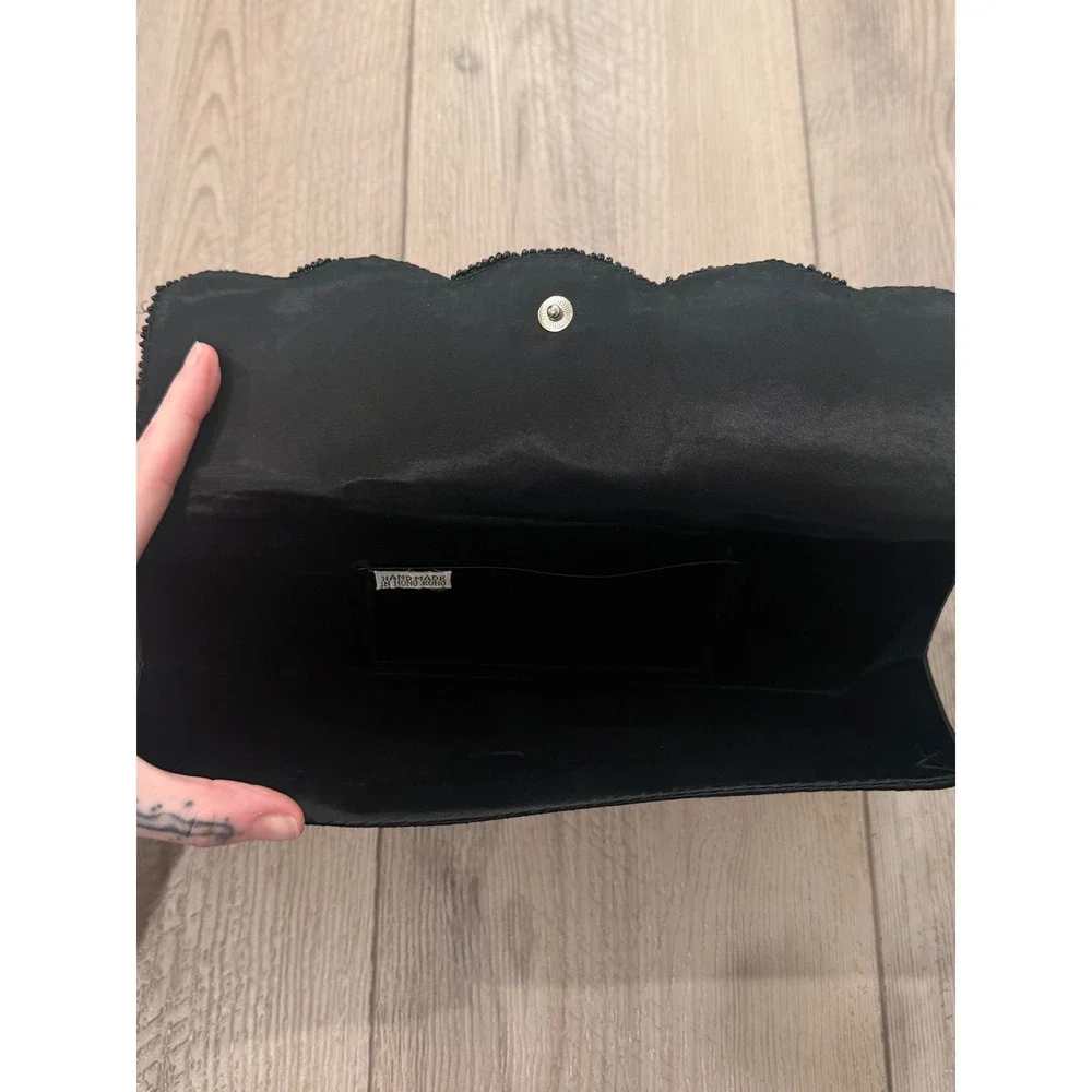 Vintage Black Beaded Clutch Bag Handmade in Hong‎ Kong Sequin Evening Purse